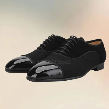 Мужские оксфорды из черной лакированной кожи и флока, модные мужские туфли на шнуровке, роскошные вечерние свадебные мужские модельные туфли ручной работы