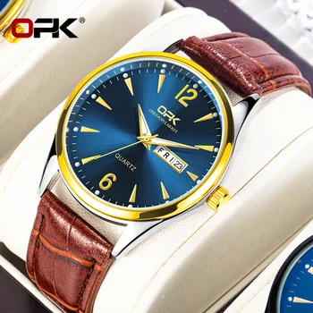 Часы бренда OPK Business Simple с двойной датой, водонепроницаемые люминесцентные кварцевые часы, мужские часы