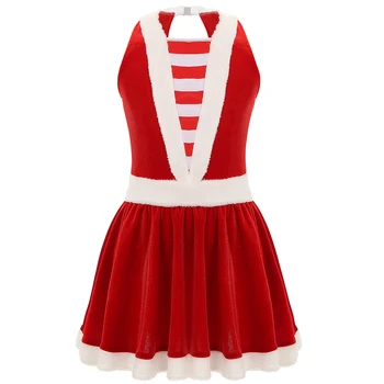 Рождественское платье из красного бархата для девочек, косплей-костюм Санта-Клауса, контрастное платье в полоску без рукавов с белой отделкой, Рождественское праздничное платье