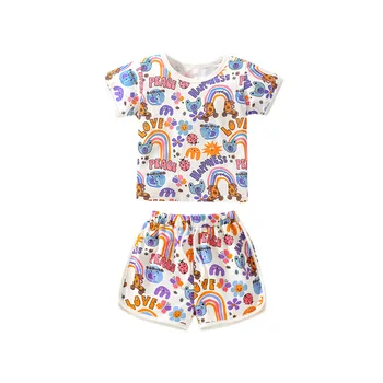Little maven Girls Комплект детской одежды из 2 предметов с рисунком Медведя и радуги Комплект летней одежды для девочек Рубашка Шорты Наряд