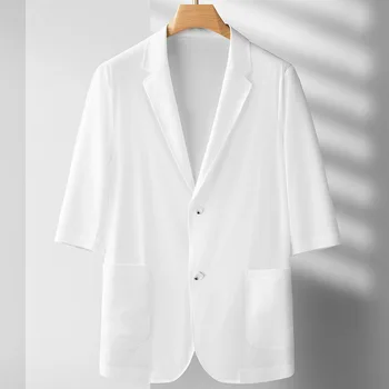 LIS2306 Хлопковый свободный летний мужской повседневный костюм с круглым вырезом из чистого белого хлопка, однотонный белый цвет