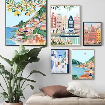 Пейзажные плакаты на скандинавскую тему и принты, Барселона, Санторини, Позитано, Винтажный декор для бара, кафе, наклейки, роспись стен