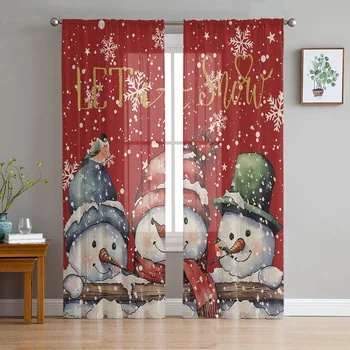 Рождественский снеговик с ручной росписью снежинок, шифоновые прозрачные шторы для гостиной, спальни, кухонного декора, окна