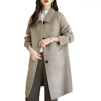 Элегантное женское пальто с сплошным карманом, свободная теплая осенне-зимняя куртка Женская акция, Тонкое шерстяное пальто с длинными рукавами для женщин