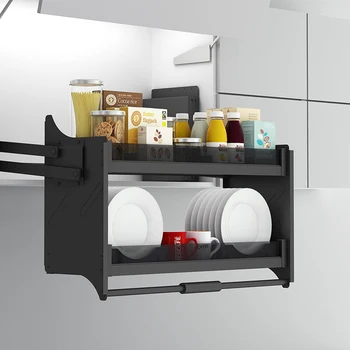 Высокий полностью алюминиевый подвесной шкаф, подъемная выдвижная корзина, выдвижной шкаф из черного хрусталя, двухслойная посуда, хранение приправ