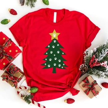 Модные рождественские футболки с изображением собачьих лап и дерева, мужские Женские Летние повседневные футболки с короткими рукавами, топы с круглым вырезом, Рождественская собака