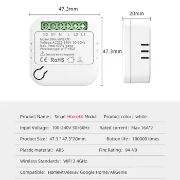 Двусторонний двойной интеллектуальный переключатель Wi-Fi с двойной платформой управления Smart Homekit Modul Smart Switch Modul для Homekit Mini Smart Breaker Белого цвета