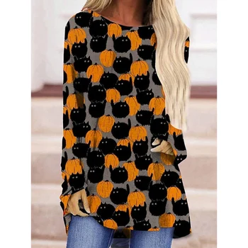 CLOOCL/ Женские рубашки с длинными рукавами на Хэллоуин, футболка с круглым вырезом и принтом в виде тыквы с рисунком Черного котенка, пуловер, Стильные Свободные топы