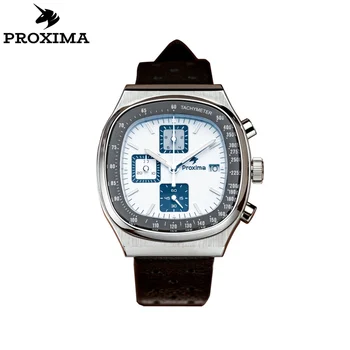 Proxima PX1707-1AB Ретро Квадратный Кварцевый Хронограф Мужские Часы Сапфировое Стекло Белый Эмалевый Циферблат Модные Наручные Часы для Мужчин 10Bar