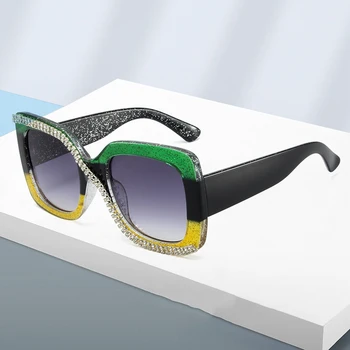 Солнцезащитные очки в квадратной оправе из цветного блока со стразами для мужчин и женщин, трендовые классические солнцезащитные очки с бриллиантами UV400, модные винтажные очки