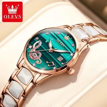 OLEVS Роскошные бриллиантовые кварцевые часы для женщин Модные Керамические часы-браслет Женские водонепроницаемые наручные часы со светящимся календарем