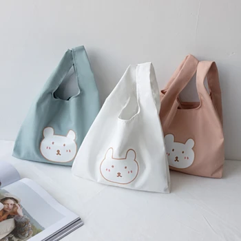 Холщовая сумка-тоут с милым медведем, хлопчатобумажные многоразовые сумки для ланча, портативная женская складная сумка для продуктов с принтом в корейском стиле