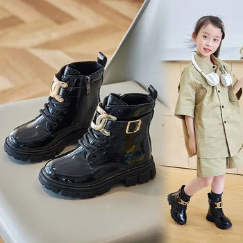 Удобные ботинки на плоской подошве для девочек, детские бежевые короткие сапоги, осенне-зимние модные ботинки принцессы и 344 студенческие черные туфли 21-36