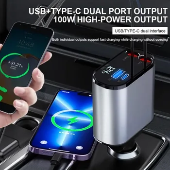 шнур для быстрой зарядки мощностью 100 Вт, адаптер прикуривателя, выдвижное автомобильное зарядное устройство 4 В 1, кабель USB Type C для iPhone Huawei Samsung