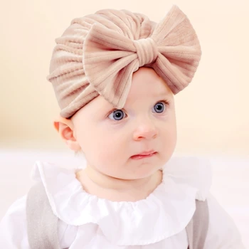 Детская шапочка-тюрбан с бантом, мягкие шапочки-бини, однотонный теплый капор, модный головной убор для новорожденных и малышей.