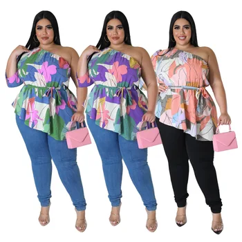 2023 Летняя женская футболка с принтом больших размеров, праздничные дни, Богемный стиль, одно плечо, Тонкая талия, нерегулярные модные топы