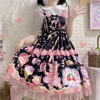 Японский Сладкий стиль Kawaii Loli Lolita Jsk Косплей для девочек Милый Мишка с принтом, Клубника, мороженое, Кружевное платье с рюшами в горошек
