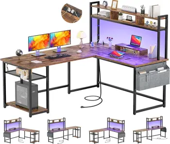 Aheaplus L-образный стол с электрической розеткой и светодиодной лентой, обратимые L-образные угловые Компьютерные столы, игровой стол с полкой для хранения &