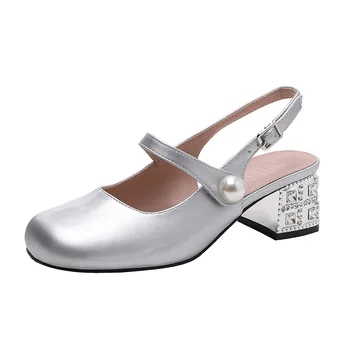 Серебряные босоножки Mary Janes с украшением в виде кристаллов на каблуке, женская обувь большого размера 31-43, женские босоножки на низком каблуке сзади