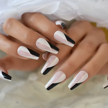 Длинные акриловые искусственные ногти Высококачественные кончики для ногтей во французском стиле, накладные ногти Черного, белого, розового цвета