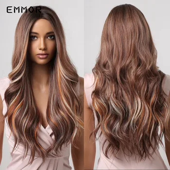 Emmor Синтетический Длинный волнистый светло-коричневый парик для косплея, парик с волнистыми волосами, парик для женщин, натуральные волнистые термостойкие парики для косплея