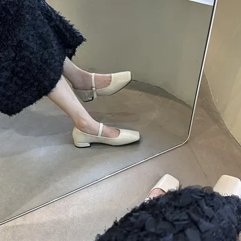 Французские туфли с квадратным носком, весенние туфли на низком каблуке, серебристые кожаные туфли на толстом каблуке с мелким вырезом, женские тонкие туфли Mary Jane туфли женские