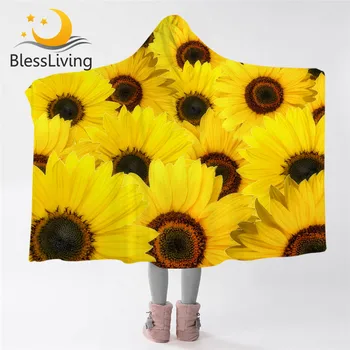 BlessLiving Flowers Одеяло с капюшоном Sunflower Blossoms Шерп Флисовое одеяло с 3D принтом, Пригодное для носки Одеяло Nature Cobertor 150x200
