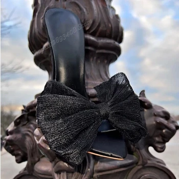 Черные кружевные тапочки с узлом в виде бабочки, Женская обувь без застежки из матовой кожи на высоком каблуке-шпильке, Новинка 2023 года, Пикантные Zapatos Para Mujere