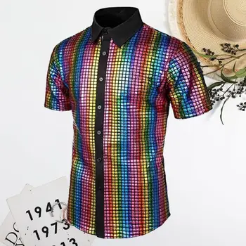 Мужская рубашка для выступлений, винтажная дискотека 70-х, мужская клубная рубашка, Светоотражающие блестящие пайетки, отложной воротник, Короткий рукав, пуговицы, Мужские
