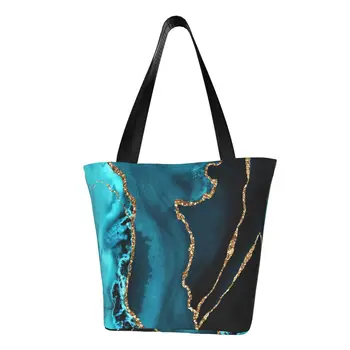 Бирюзовый, золотой оттенки, Холщовая хозяйственная сумка из мраморного Агата, женская сумка для переработки продуктов, геометрические Абстрактные Современные сумки-тоут для покупок