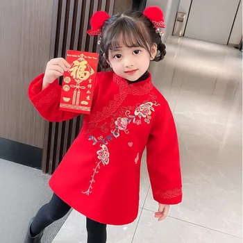 Китайский Новогодний Костюм Тан Для Девочек, Поздравительные Платья, Утепленное Плюшевое Теплое Красное Платье Чонсам Для Маленьких Девочек, Популярное Платье Hanfu