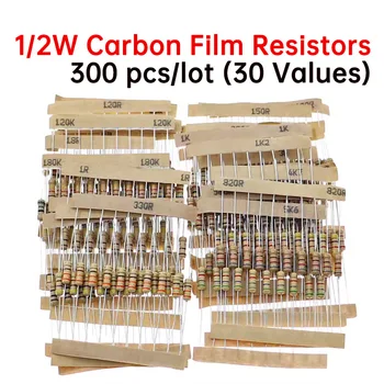 300 шт./лот 1/2 Вт Металлические Резисторы с 5% Углеродной пленкой В ассортименте, Комплект Резисторов с сопротивлением 30 значений (10 Ом ~ 1 М) Каждый по 10 шт.