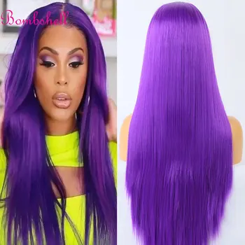 Шикарный Фиолетовый цвет, прямые синтетические парики на кружеве 13X4, Бесклеевые волосы из высококачественных термостойких волокон для женщин, парики