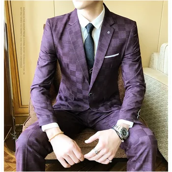 Мужской повседневный костюм в шахматном порядке, комплект из 3 предметов (Блейзер + брюки + жилет), Фиолетовый Приталенный клетчатый домашний костюм, homme, Шикарный мужской костюм