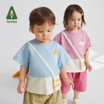 Детская футболка Amila с коротким рукавом, летняя новинка 2023 года, милая прострочка с забавным карманом, повседневный простой топ с большими манжетами для мальчиков и девочек от 0 до 6 лет