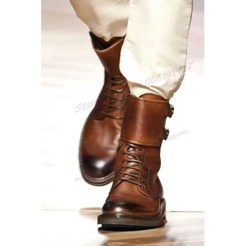 Коричневые мужские ботильоны с круглым носком, винтажная мотоциклетная обувь в британском стиле с ремешками, мужская обувь ручной работы, новый стиль, большой размер