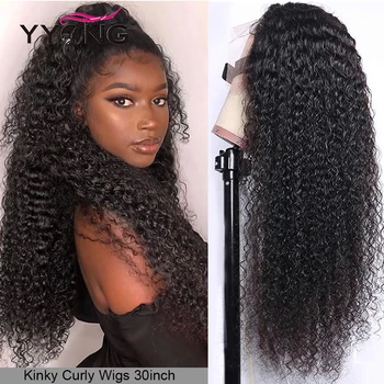 Yyong 30-Дюймовые Кудрявые Человеческие волосы 13x6 HD Прозрачные Кружевные Парики Спереди Для женщин, Предварительно Выщипанные Перуанские Бесклеевые парики из человеческих волос