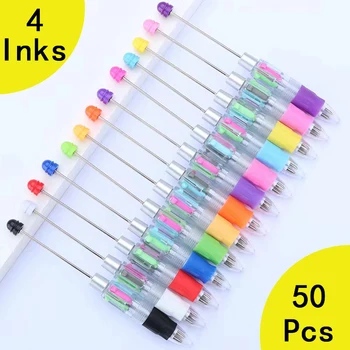 50шт DIY Многоцветная шариковая ручка с бисером, Милые ручки с бисером, 4 цвета, Выдвижная ручка-роллер, школьные принадлежности для студентов