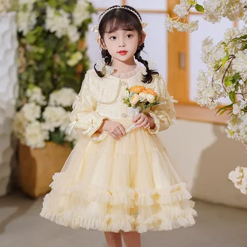 Осенне-зимнее свадебное платье принцессы с кружевными блестками и длинными рукавами, детское платье для дня рождения, детское платье для подружек невесты, детская одежда