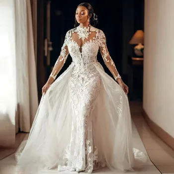 Замечательное свадебное платье с кружевными аппликациями и высоким воротом, со съемным шлейфом, с открытой спиной, пуговицы на спине, длинные рукава, свадебные платья
