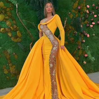 Желтые кружевные вечерние платья с кристаллами, женские вечерние платья Luxry S Line с разрезами, вечернее платье с рукавом на одно плечо, свадебные платья Русалки 2024