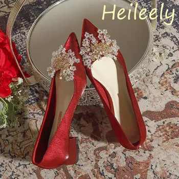 5 см новая мода горный хрусталь каблуки острым носом шелковые красные туфли для вечеринки женские 41 42 43