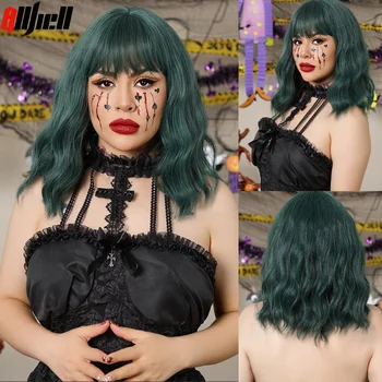 Короткие Волнистые Черновато-зеленые парики для косплея Лолиты на Хэллоуин, синтетический волнистый темно-зеленый парик длиной до плеч с челкой для женщин