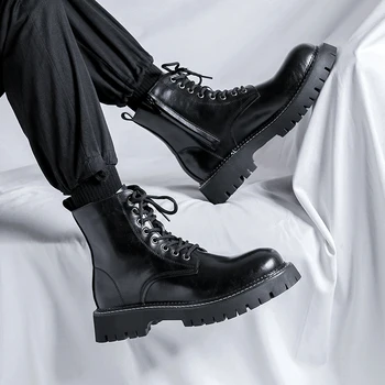 Высокие ботинки, мужская черная кожаная обувь, модные уличные мотоциклетные военные ботинки, мужские зимние тактические ботинки на шнуровке