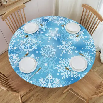 Круглая скатерть с голубыми снежинками с эластичным краем, Рождественское зимнее водонепроницаемое покрытие обеденного стола для внутреннего и наружного декора.