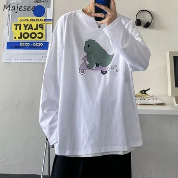 Мужские футболки из 100% Хлопка с длинным рукавом Oversize 3XL Kawaii С Рисунком Динозавра, Белые Футболки, Опрятный Студенческий Уличный Пуловер