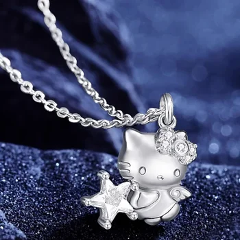 Аниме-ожерелье Sanrio Kawaii HelloKitty Cute Sweet Star Girl Серебряные украшения с эксклюзивными нежными бриллиантами Романтический подарок на День рождения