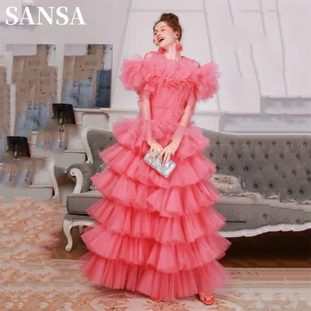 Sansa Великолепное арбузно-красное многослойное пышное платье ручной работы для выпускного вечера с длинным рукавом и высоким вырезом Vestidos De Noche