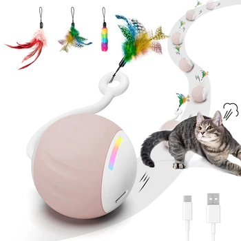 Интерактивный игрушечный мяч для кошек со светодиодными радужными огнями, перьями, сенсорным управлением и звуком Прочный