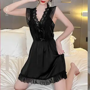 Кружевная ночная рубашка с V-образным вырезом, женская ночная рубашка с бантом, пижамы, ночное платье, летняя сексуальная леди, шелковистый атласный халат, ночное белье, домашнее платье